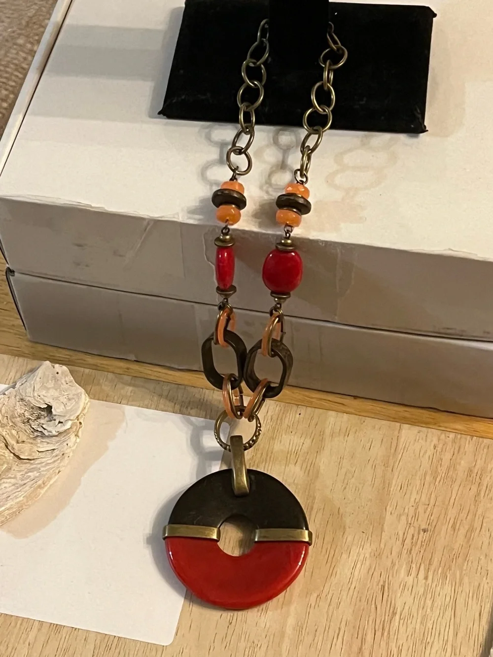 Premier Designs Red and Orange Mixed-Media Pendant Necklace